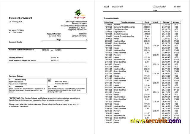 Australia St.George Bank statement of account Word and PDF, 2 pages
